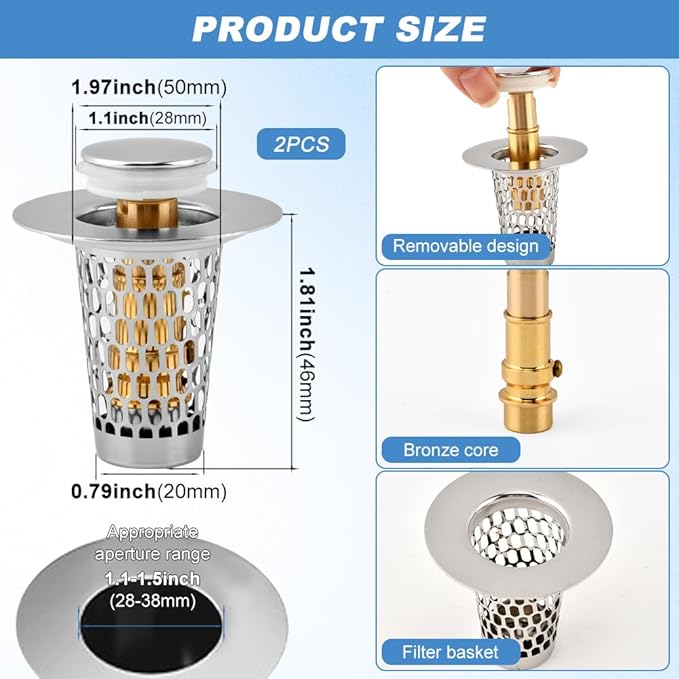 2Pack Bathroom Sink Stopper, Universal Drain Filter for Stainless Steel Floor Drain Filter, Universal Bathroom Sink Drains Pop-up Stopper with Filter Basket Hair Strainer(Color:Silver)