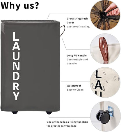 92L Extra Large Laundry Hamper with Leather Handle,Standable Laundry Basket with Wheels Laundry Hamper on Wheels,Large Hamper,Rolling Laundry Basket Grey