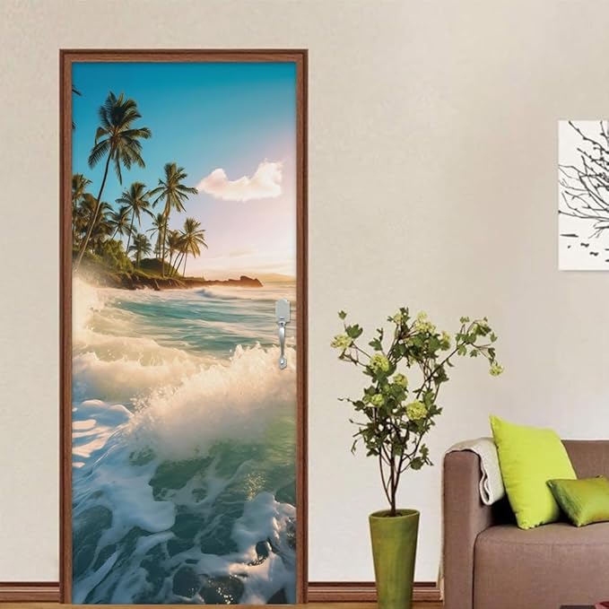 REDAMANCY Sea Wave Beach Shore Tree Peel and Stick Door Stickers Vinyl 3D Door Mural Decals Decor Wallpaper Self-Adhesive, Waterproof, Removable