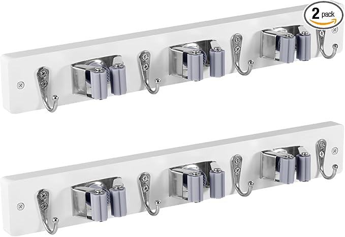 OUTNILI 2 Pack White Mop Broom Holder Wall Mount with 3 Slots & 4 Hooks - Rustic Wood Broom Mop Hanger for Pantry Kitchen Organization - Garden Tool Organizer for Closet Laundry Room