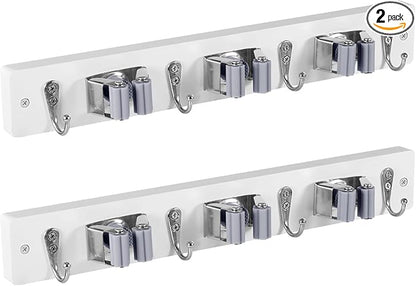 OUTNILI 2 Pack White Mop Broom Holder Wall Mount with 3 Slots & 4 Hooks - Rustic Wood Broom Mop Hanger for Pantry Kitchen Organization - Garden Tool Organizer for Closet Laundry Room