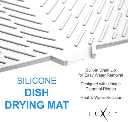 Luxet Silicone Dish Drying Mat with Built-in Drain Lip - Hygienic Drying Pad - Sturdy Compact Easy to Clean Tray Protects Surfaces Prevents Water Build Up - 23 X 17 (White)