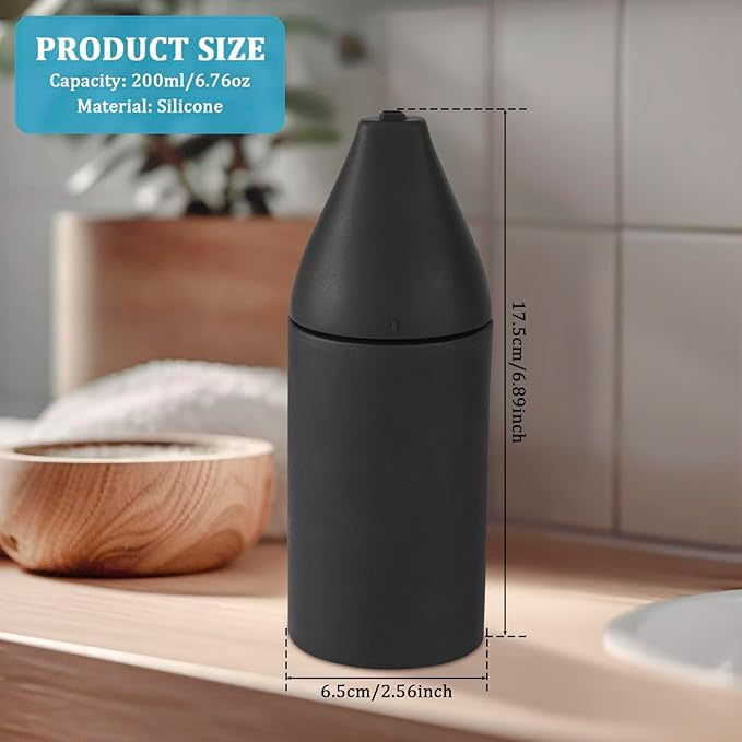 200ml Silicone Dishwashing Soap Dispenser, Squeeze Style Dish Soap Squeeze Bottle, Lightweight Easy to Refill Dishwashing Liquid Dispenser, Silicone Divided Bottle for Kitchen and Bathroom. (Black)