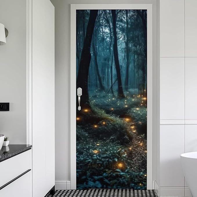 REDAMANCY Mystic Forest Tree Mushroom Firebee Peel and Stick Door Stickers Vinyl 3D Door Mural Decals Decor Wallpaper Self-Adhesive, Waterproof, Removable