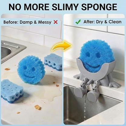 Creative Hanging Sponge Holder with Drainage/Traceless Glue, 3D Printing Countertop Funny Sponge Holders for Kitchen Sink, Keeps Your Sponge Dry & Smiling, for Scrub Daddy Holder (1, Grey)
