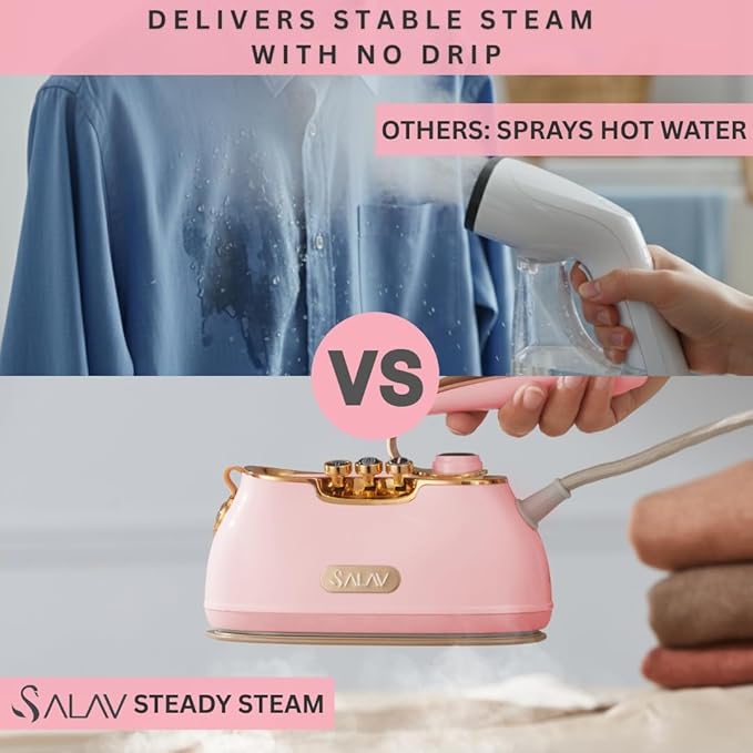 SALAV® Retro Edition Duopress Handheld Garment Steamer & Iron, Ceramic Plate, 1000W, No Drip Steam, Vertical & Horizontal Steam, Rose - Removes Wrinkles & Refreshes Clothes, Vintage Style