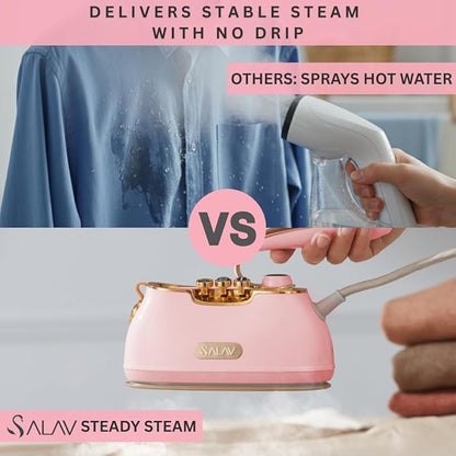 SALAV® Retro Edition Duopress Handheld Garment Steamer & Iron, Ceramic Plate, 1000W, No Drip Steam, Vertical & Horizontal Steam, Rose - Removes Wrinkles & Refreshes Clothes, Vintage Style