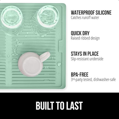 GORILLA GRIP 100% BPA-Free Patented Silicone Dish Drying Mat for Kitchen Counter, Water Catching Ribbed Design, Easy Clean Waterproof Sink Liner, Heat Resistant, Fits Under Rack, 12x16 Inch, Mint