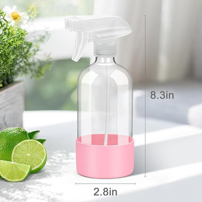 Rionisor Glass Spray Bottles with Silicone Sleeve Protection, Empty 16 oz Refillable Containers, Reusable Spray Bottles with Adjustable Nozzle for Hair, Cleaning Solutions, 1 Pack Pink