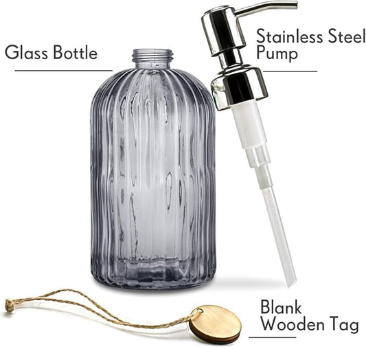JASAI 18 Oz Vertical Stripes Kitchen Soap Dispenser with 304 Rust Proof Stainless Steel Pump, Refillable Liquid Soap Dispenser for Bathroom, Kitchen, Hand Soap, Dish Soap (Clear Grey)