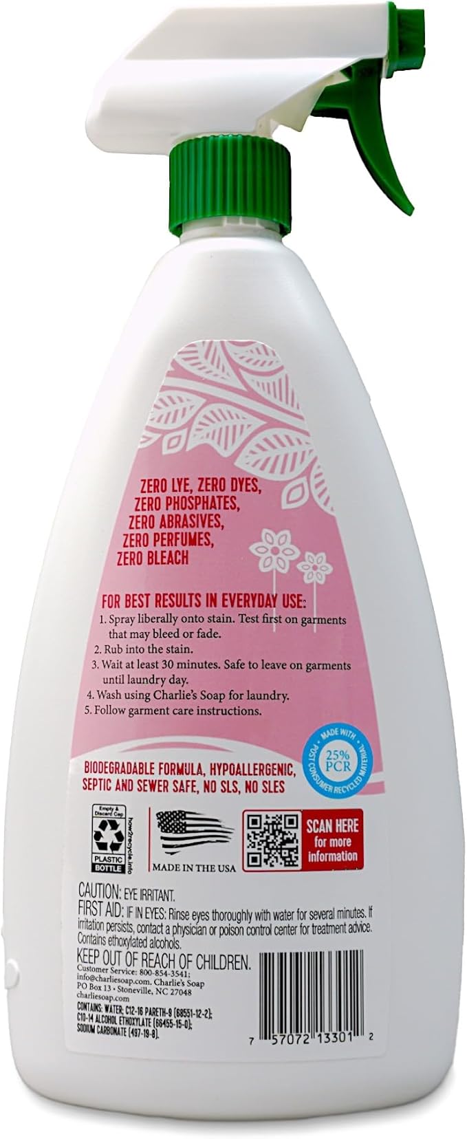 Charlie's Soap Laundry Pre-Spray Stain Remover (32 fl oz), Natural Laundry Pretreat and Stain Remover (Pack of 1)