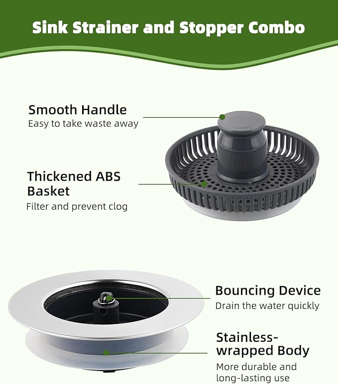 Universal Kitchen Sink Strainer Stopper Combo, 3 in 1 Pop Up Kitchen Sink Stopper with Chrome Stainless Steel Wraped Shell for US Standard 3-1/2 inch Drain Filter, Anti-Clog