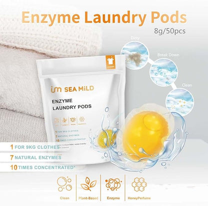 Laundry Detergent Pods for Sensitive Skin – 7 Enzymes Deep Stain Removal, Plant-Based, Chemical-Free, Eco-Friendly Water-Soluble Wrap, Hypoallergenic, 50 Count