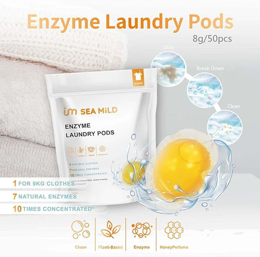 Laundry Detergent Pods for Sensitive Skin – 7 Enzymes Deep Stain Removal, Plant-Based, Chemical-Free, Eco-Friendly Water-Soluble Wrap, Hypoallergenic, 50 Count