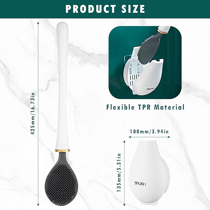 Modern Flexible Silicone Toilet Caspa, Silicone Toilet Bowl Brush and Holder Set, Flat Flexible Brush Holder Set, Water Drop Toilet Brush, Toilet Wand Cleaning Kit Wall Mounted(White)