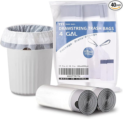 4 Gallon Trash Bags, 40 Count Drawstring Garbage bags, Thickened Unscented Wastebasket Liners for Bathroom Bedroom Office