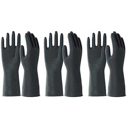 North Tower Heavy Duty Black Rubber Gloves for Cleaning - Non-Slip Grip Palm, Thick Household Gloves for Women, Kitchen Dishwashing, Car Washing, Mechanical Maintenance(S-3 Pair)