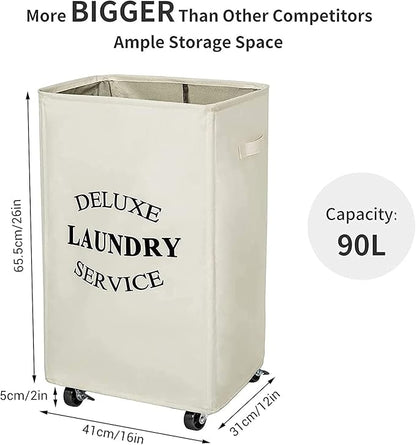 WOWLIVE Large Rolling Laundry Basket Wheels 90L Collapsible Tall Laundry Hamper Handle Foldable Dirty Clothing Basket Fold up Rectangular Hampers for Laundry Dorm Room (Beige)