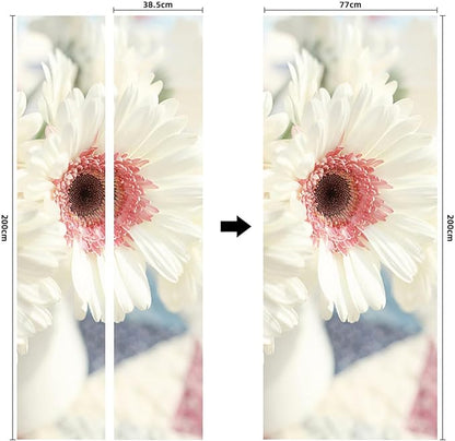 A.Monamour 3D Door Stickers for Interior Doors White Gerbera Daisy Flower with Pink Center Vinyl Waterproof Self Adhesive Door Mural Decals for Bedroom Office Bathroom 77x200cm