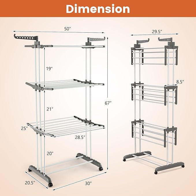 GOFLAME 4-Tier Clothes Drying Rack, Collapsible Clothes Horse Rack with Rotatable Side Wings and Foldable Shelves, Freestanding Garment Dryer Stand with Casters for Indoor and Outdoor Use, Grey