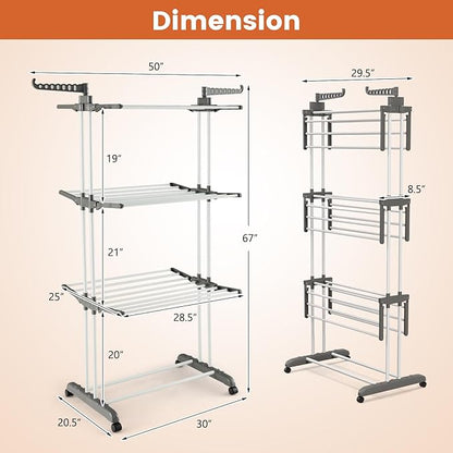 GOFLAME 4-Tier Clothes Drying Rack, Collapsible Clothes Horse Rack with Rotatable Side Wings and Foldable Shelves, Freestanding Garment Dryer Stand with Casters for Indoor and Outdoor Use, Grey