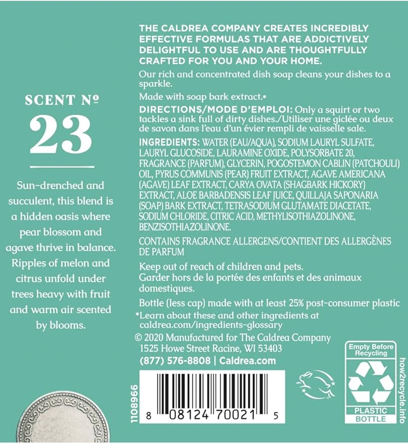 Caldrea Dish Soap, Biodegradable Dishwashing Liquid made with Soap Bark and Aloe Vera, Pear Blossom Agave, 16 oz , 3 Pack