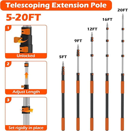 25FT Reach High Ceiling Duster Kits with 5-20FT Adjustable Pole - Includes Extra Long Duster, High Ceiling Duster, Rotatable Window Squeegee & Cobweb Duster for Ceiling Fans and Whole House Cleaning