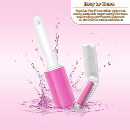 Washable Gel Lint Roller 3 Pack, Reusable Sticky Lint Roller Portable Pet Hair Remover Cleaner for Clothes, Travel, Home, Large with Cover and Foldable Mini Remover, Pink