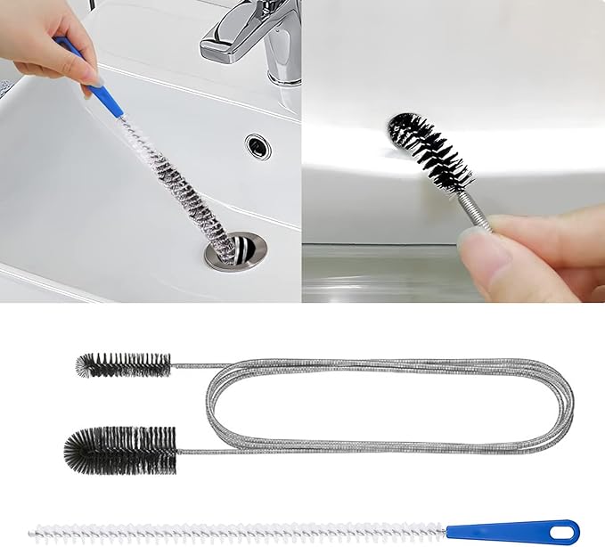 61inch Double Ended Nylon Pipe Cleaner Brush Drain Unblocker Tools with 17inch Sink Unblocker Brush for Plug Hole Sink Hair Clogs Remover Household Cleaning Tool Stainless Brush Nylon Drain