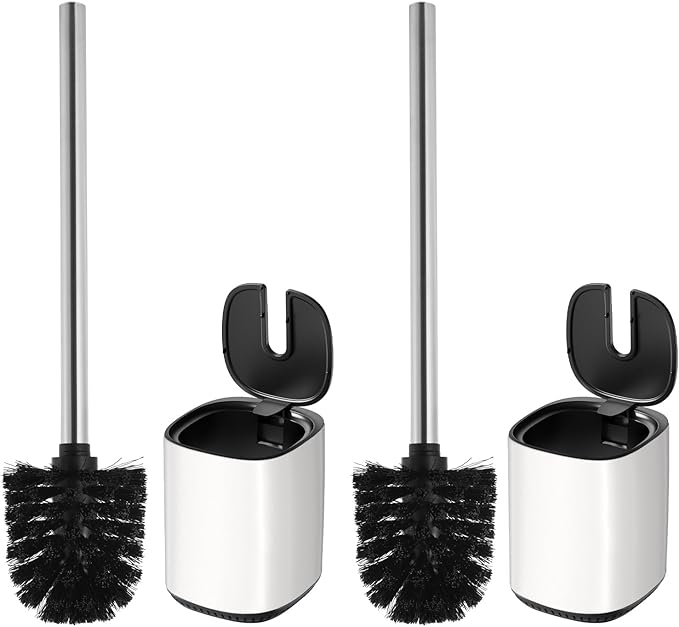 Toilet Brush and Holder Set Durable Toilet Scrubber Sleek Toilet Bowl Brush Stainless Steel Bathroom Toilet Brush Set with Lid Toilet Cleaning Brush 2 Pack(2, White)