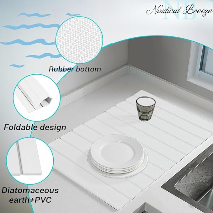 Roll-Up Stone Mat - Premium Diatomaceous Earth Dish Drying Rack, Water Absorbent Roll-Out Dish Drying Mat for Kitchen Countertops, Eco-Friendly, Quick-Dry Surface White