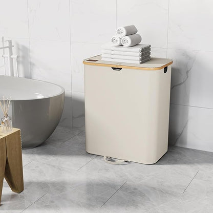 160L Double Laundry Hamper with Lid, Dirty Clothes Hamper with 2 Removable Bags, Beige Laundry Hamper 2 section with Bamboo Handles Easy to Carry for Bedroom, Bathroom, Dorm, College
