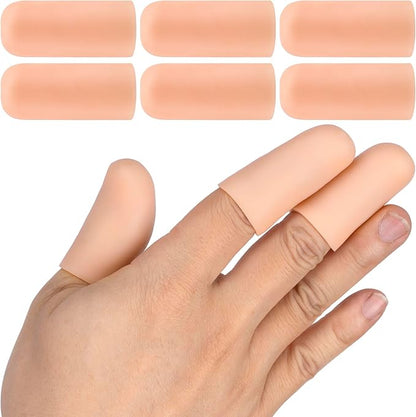 PAGOW 6 Pcs Gel Finger Cots/Covers, Silicone Finger Protector Support, Finger Caps Finger Sleeves Thumb Protector for Finger Cracking Trigger Finger Arthritis Pain Relief (Beige)
