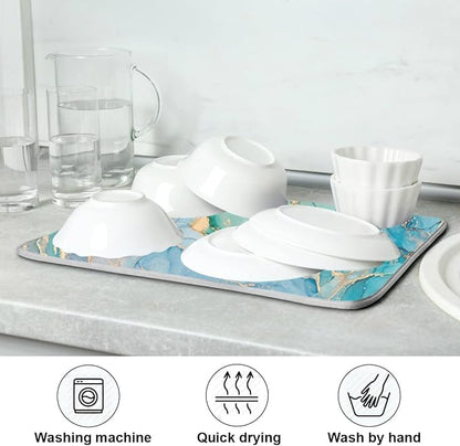 Marble Dish Drying Mat for Kitchen Counter Blue Teal Turquoise Gold Drying Mat 18 x 24 Inch with High Absorbent Reversible Microfiber Dish Drying Pad Dish Rack Pad Drainer Mat for Coffee Bar