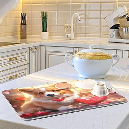Dish Drying Mat Kitchen Counter Absorbent Valentine Corgi Coffee Sink Mat Dish Drainer Pad 18 Inch x 24 Inch