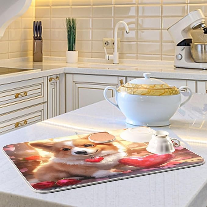 Dish Drying Mat Kitchen Counter Absorbent Valentine Corgi Coffee Sink Mat Dish Drainer Pad 18 Inch x 16 Inch