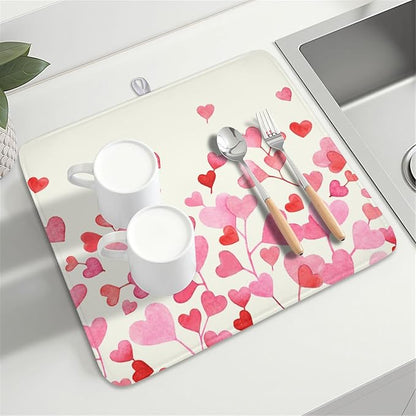 Valentine's Day Dish Drying Mat for Kitchen Counter Pink Love Heart Pattern Drying Mat 16x18 Inch Valentines Holiday Absorbent Dish Drainer Mat Kitchen Accessories