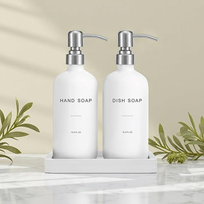 White Soap Dispenser for Kitchen Sink, Dish and Hand Soap Dispenser with Silver Stainless Steel Pump, Perfect for Kitchen Decor and Accessories. (Silver & White)
