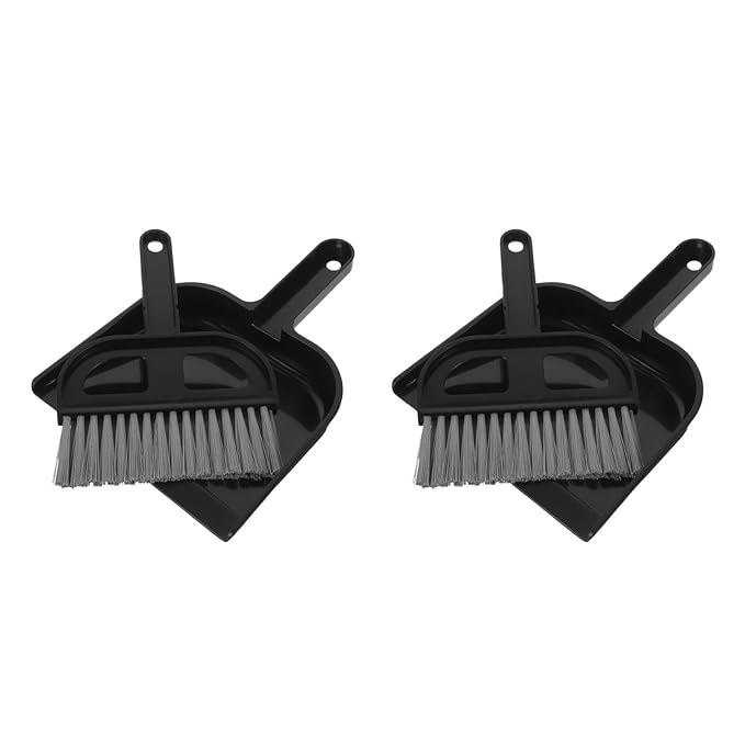 Mini Dustpan and Brush: 2 Sets of Compact Dust Hand Broom and dust pan Combo - Nesting Design for Home Cleaning Desks, Keyboard, Drawers, Pet Rooms, Black, 8.5 X 6.3 Inches