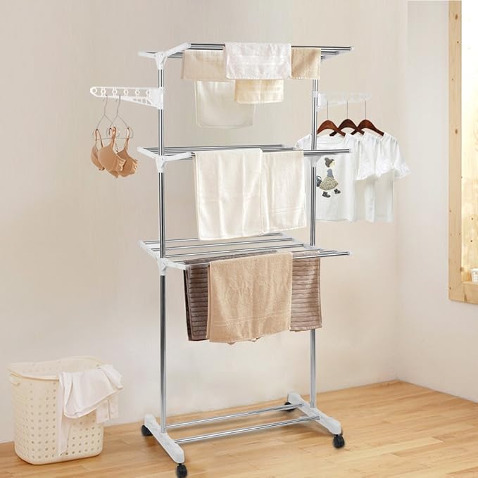 Foldable, Rolling, Stainless Steel Rods & Compact Storage Laundry Clothes Drying Rack System, Made-in-Korea, Premium Size