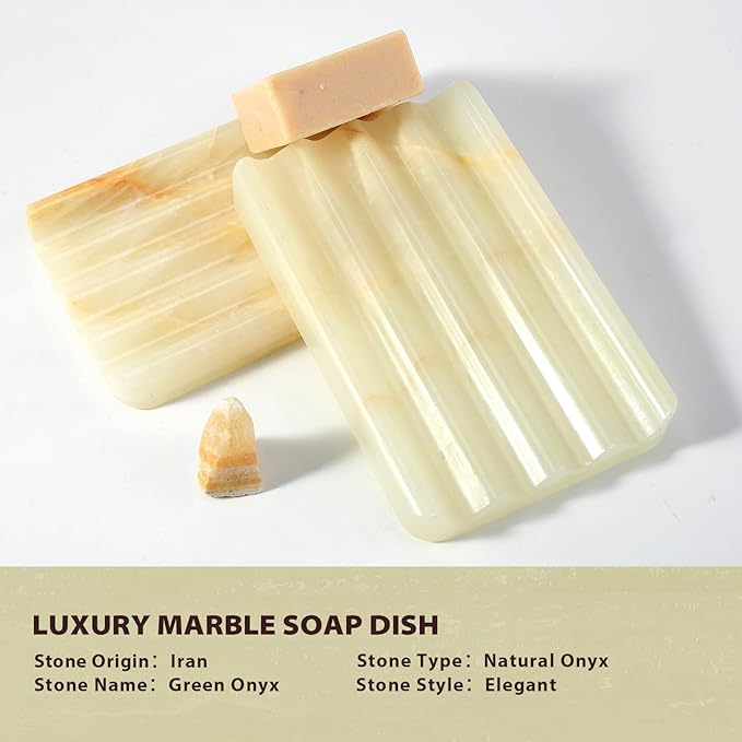 Koville Green Onyx Soap Dish Genuine Marble Soap Dish for Bathroom Shower, Natural Onyx Stone Soap Tray for Bathroom, Bar Soap Holder for Sink, Stripe Grooves Saver Keep Bars Dry Easy Clean