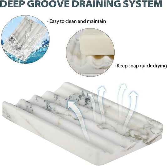 Koville African Natural Marble Soap Dish for Shower, Stone Soap Tray for Bathroom, Bar Soap Holder for Sink, Stripe Grooves Soap Saver Stone Dish Keep Bars Dry Easy Clean (Namib Bianco)