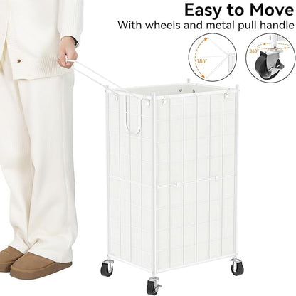 WOWLIVE Laundry Hamper with Wheels,Metal Wire Frame Rolling Laundry Basket with Removable bag,100L Dirty Clothes Hamper Organizer Dorm Room Storage for Bedroom,Bathroom,White