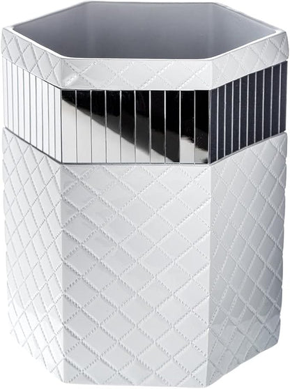 Creative Scents Quilted Mirror White Bathroom Accessories Set - Decorative 6 Piece Bathroom Set Includes: Trash Can, Tissue Box Cover, Soap Dispenser, Toothbrush Holder, Tumbler & Soap Dish