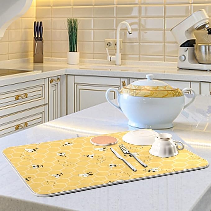 Funny Bees Honey Dish Drying Mat 16x18 for Kitchen Counter Yellow Bumblebee Beehive Dishes Pad Absorbent Fast Dry Dish Draining Mats Medium Kitchen Accessories