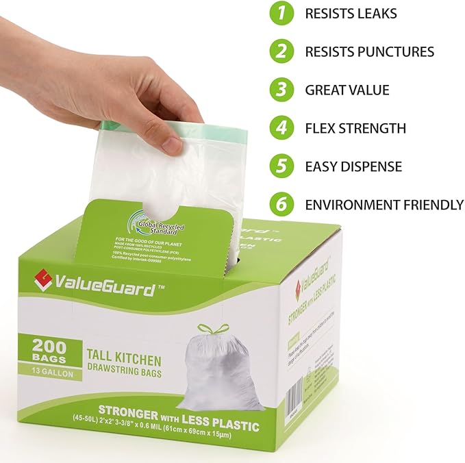 ValueGuard Large Trash Bag 13 Gallon Tall Drawstring 100% Post-Consumer Recycled Garbage Bag Waste Bag for Kitchen Office 0.6 Mil (200 Count)