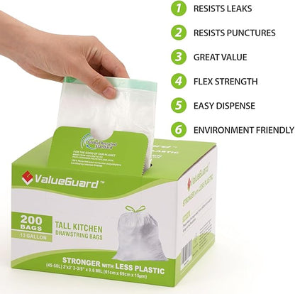 ValueGuard Large Trash Bag 13 Gallon Tall Drawstring 100% Post-Consumer Recycled Garbage Bag Waste Bag for Kitchen Office 0.6 Mil (200 Count)