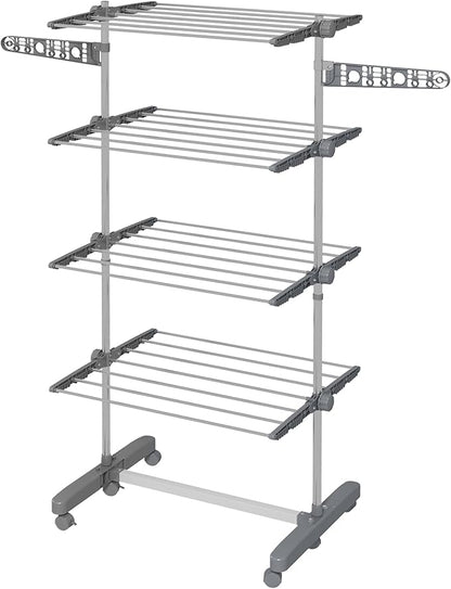 HOMCOM Folding Clothes Airer in Stainless Steel and Plastic, Space-Saving Vertical Drying Rack with 6 Wheels, Hooks and 4 Adjustable Shelves for Indoors, 142 x 55 x 172 cm, Silver Grey
