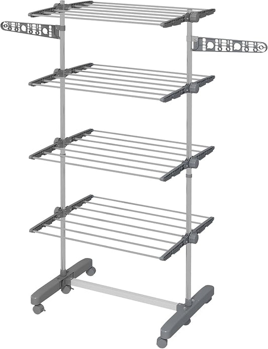 HOMCOM Folding Clothes Airer in Stainless Steel and Plastic, Space-Saving Vertical Drying Rack with 6 Wheels, Hooks and 4 Adjustable Shelves for Indoors, 142 x 55 x 172 cm, Silver Grey