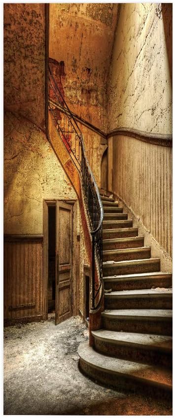3D Door Wallpaper Self-Adhesive Sticker - Old Stairs Film Poster Premium PVC Waterproof Wall for Bedroom Living Room Decoration 95 x 215 cm